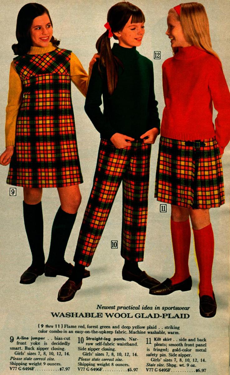 Mail-order from the Sears fall catalog show three young girls in plaid outfits.