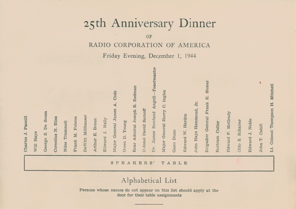 Seating chart for RCA anniversary celebration
