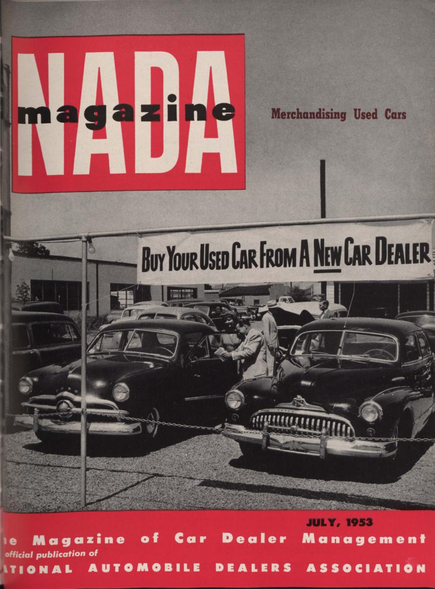 NADA magazine cover featuring a used car lot, circa early 1950s
