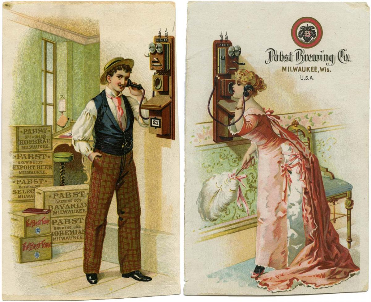 Trading card of man and woman on phone