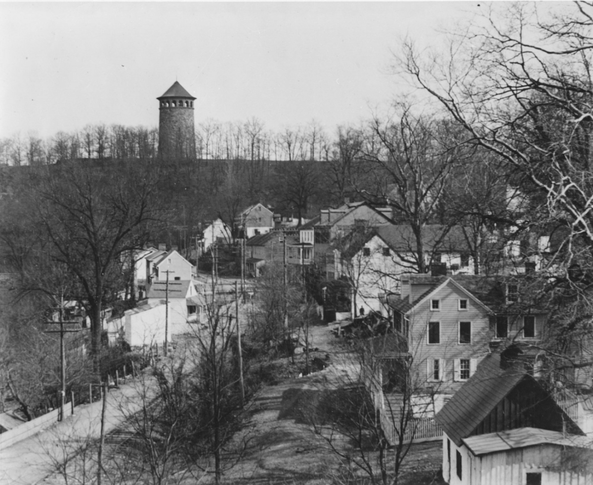 View of the village with Rockford tower in the distance on the hill.
