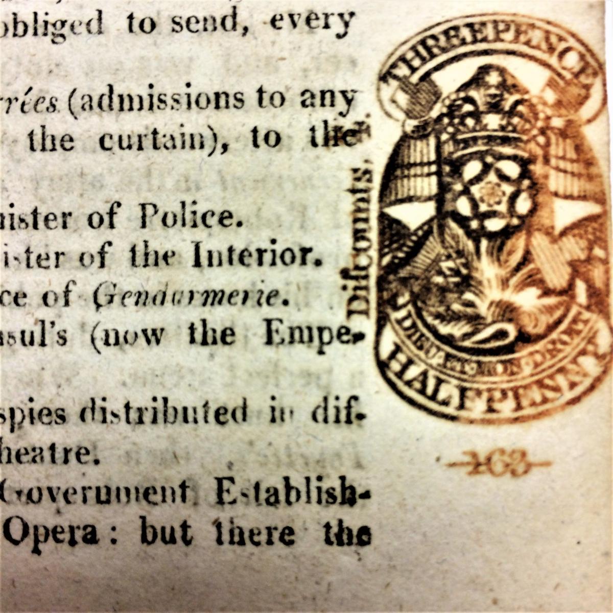 Inked tax stamp that reads "threepence halfpenny"