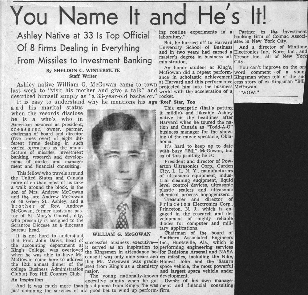 A newspaper article about McGowan's early success, 1960