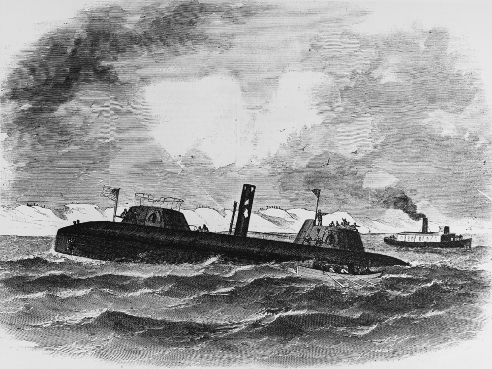  Line engraving from Harper's Weekly, 1863, showing USS Keokuk sinking off Charleston, South Carolina