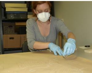 Intern Andrea Roehrs surface cleaning a map
