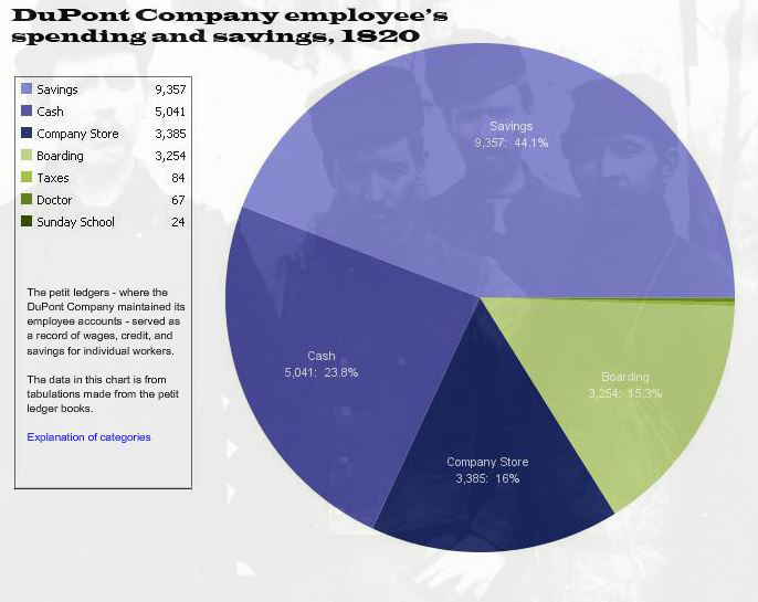 Spending pie chart. 44% into savings, 24% cash, 15% boarding, 16% towards the company store.