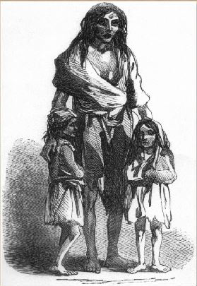 Drawing of Bridget O'Donnel and two children in rags