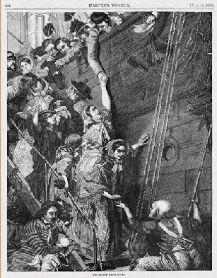 Drawing of emigrants leaving for America on a ship.