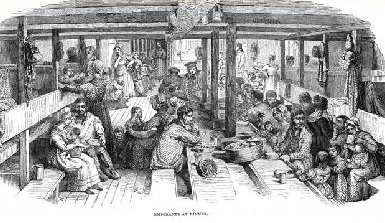 Drawing of emigrants eating on board ship