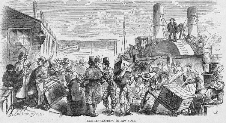 Drawing of emigrants landing in New York dock