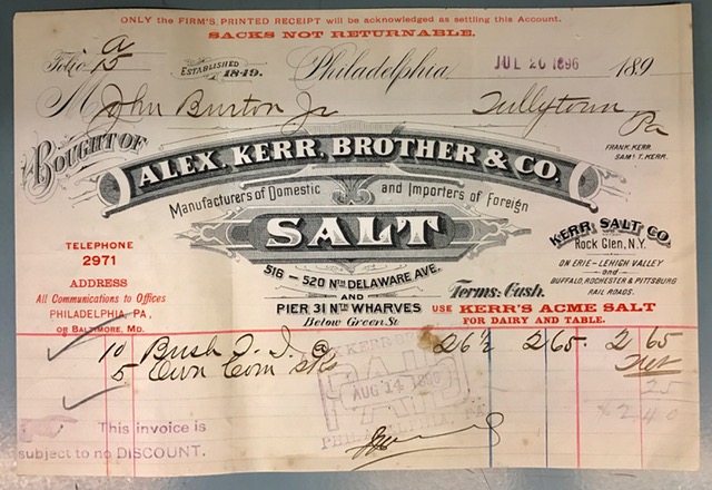 Invoice from Alexander Kerr, Brother & Co., salt dealer in Philadelphia