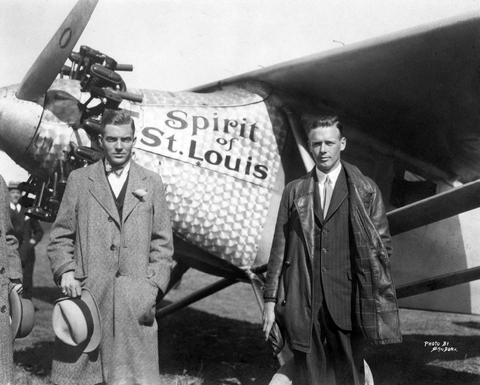 Henry Belin du Pont and Charles Lindbergh pose near his plane Spirt of St. Louis