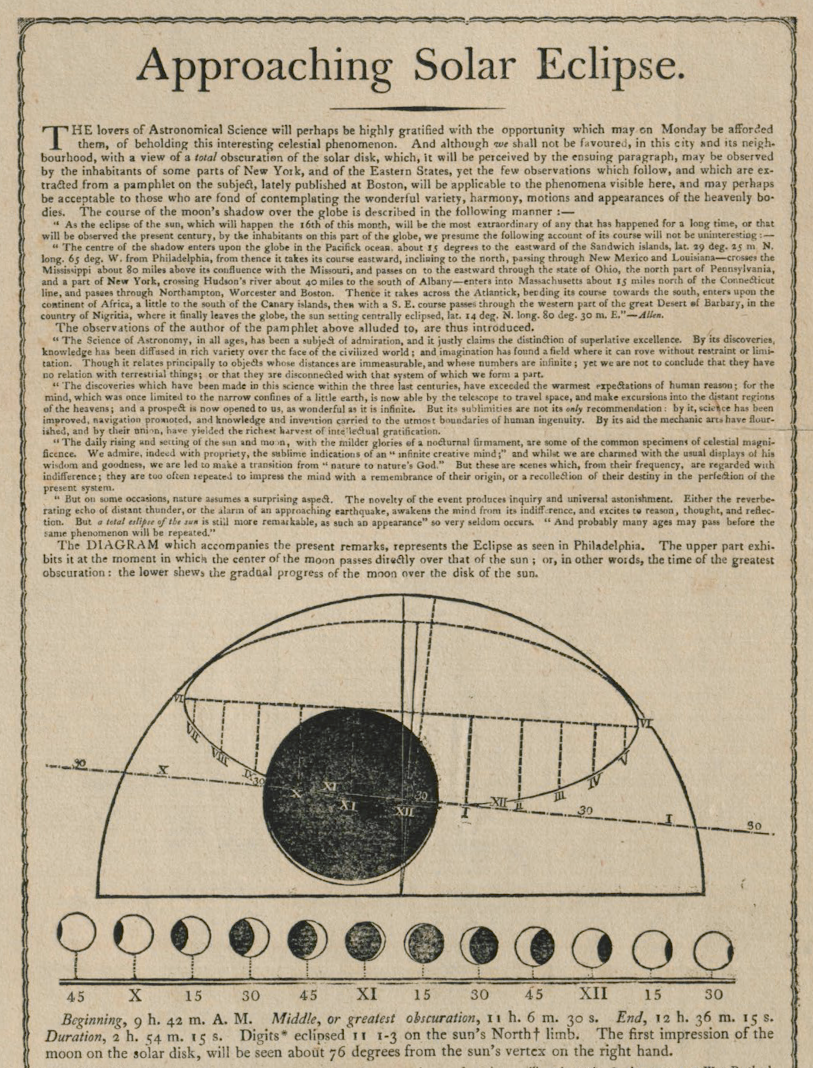 A pamphlet detailing the approaching solar eclipse. At the bottom are the timed phases.