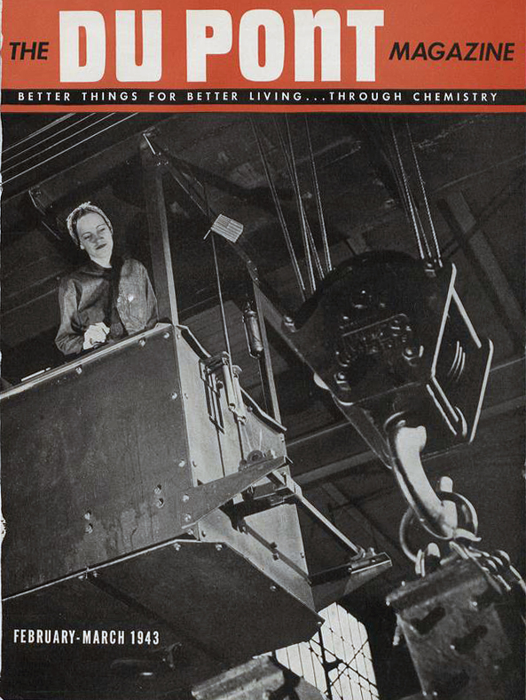 Magazine cover with a black and white photo of a woman operating a crane.