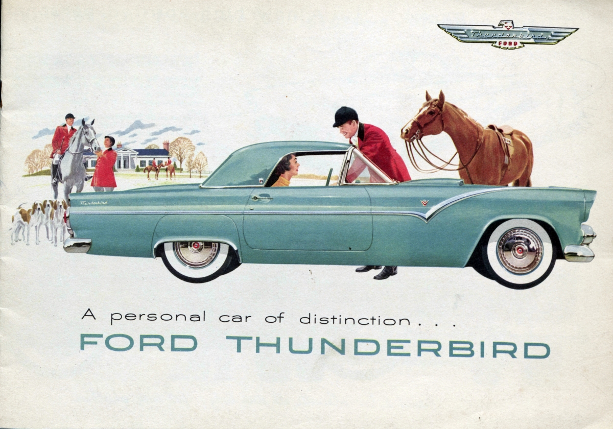 Ford Thunderbird catalog, a woman sits in her car next to a man in riding gear and his horse during a fox hunt