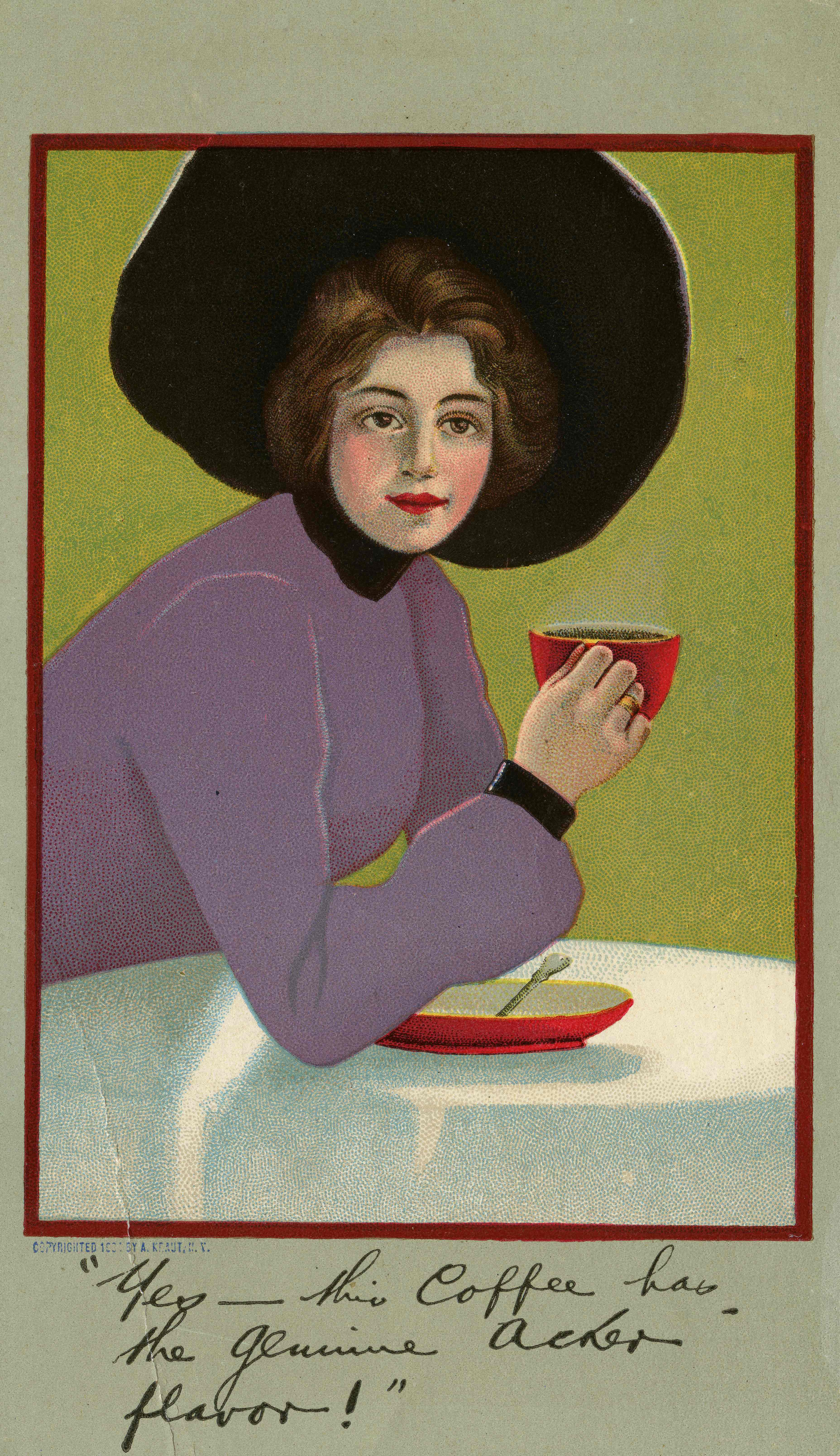 Advertisement featuring an illustration of a woman drinking coffee.