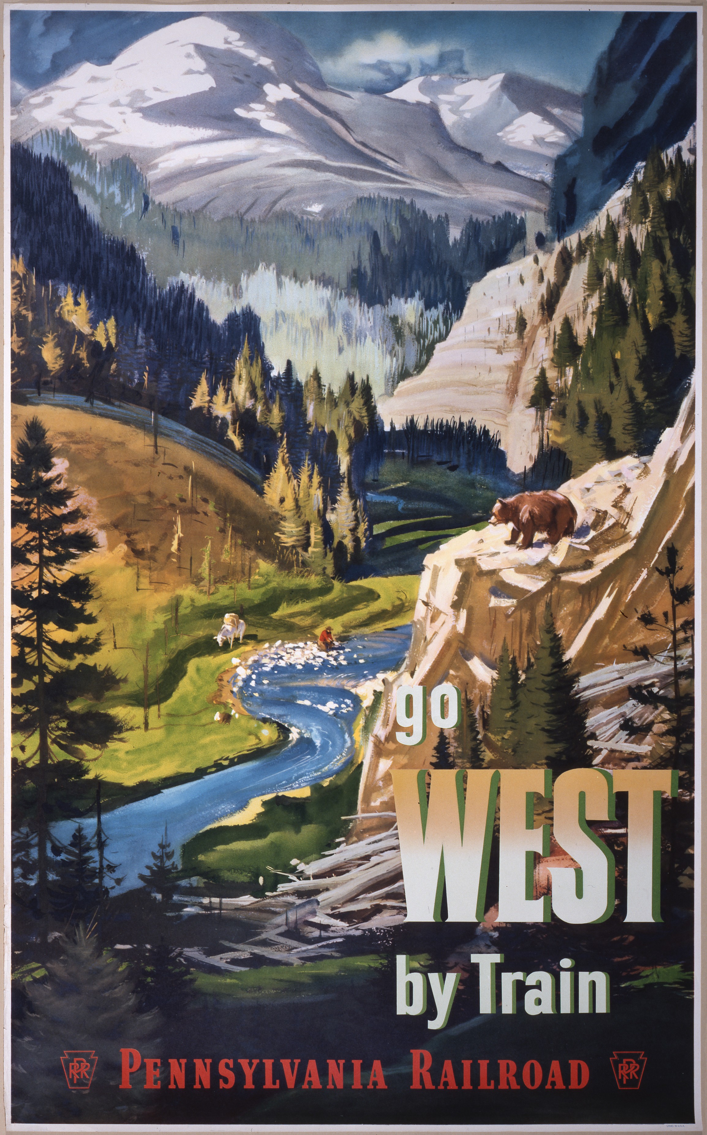 Scenic color illustration of a Western landscape with the text "go WEST by Train" and PRR branding. 