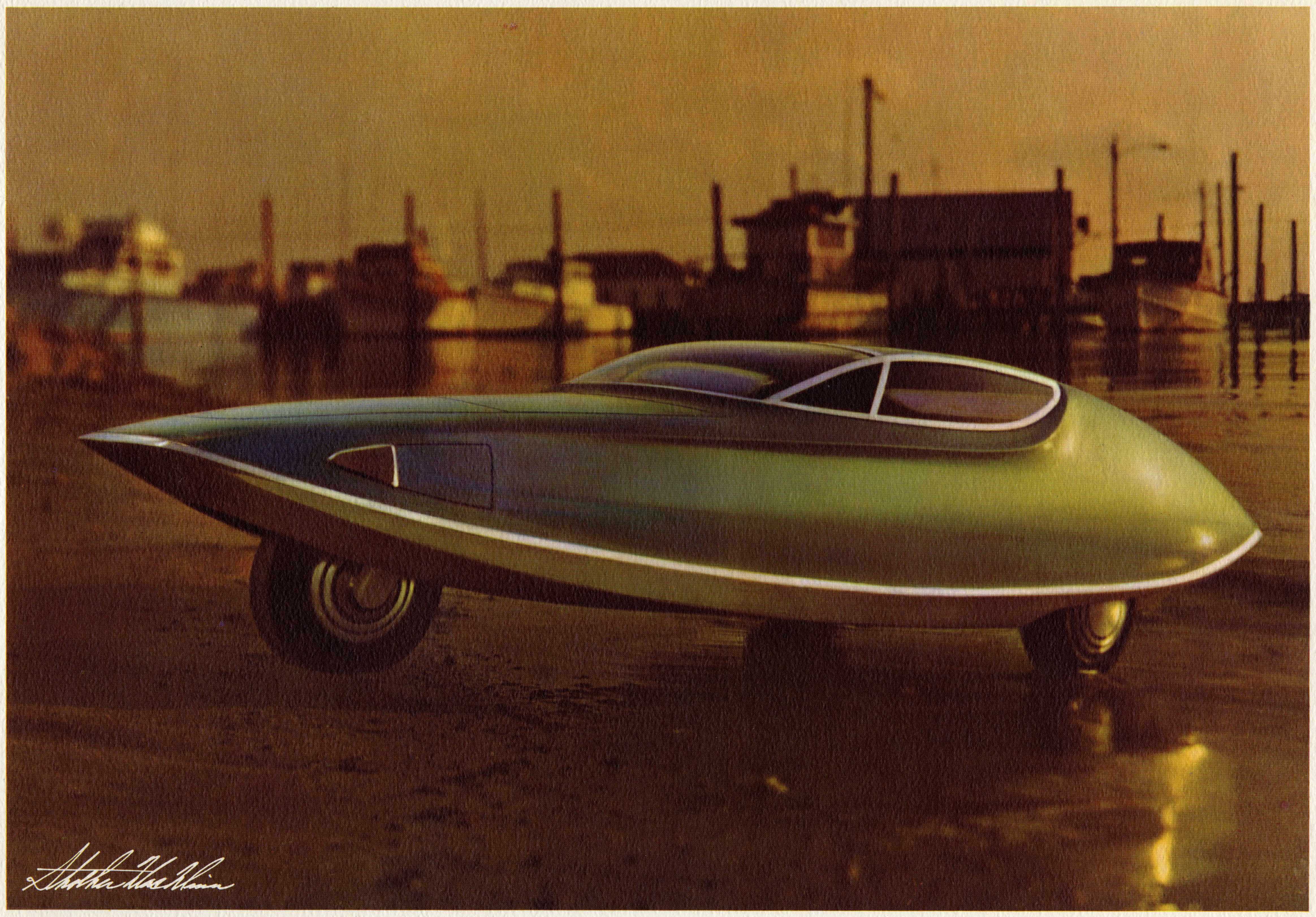 Design drawing of a futuristic, green amphibious car.