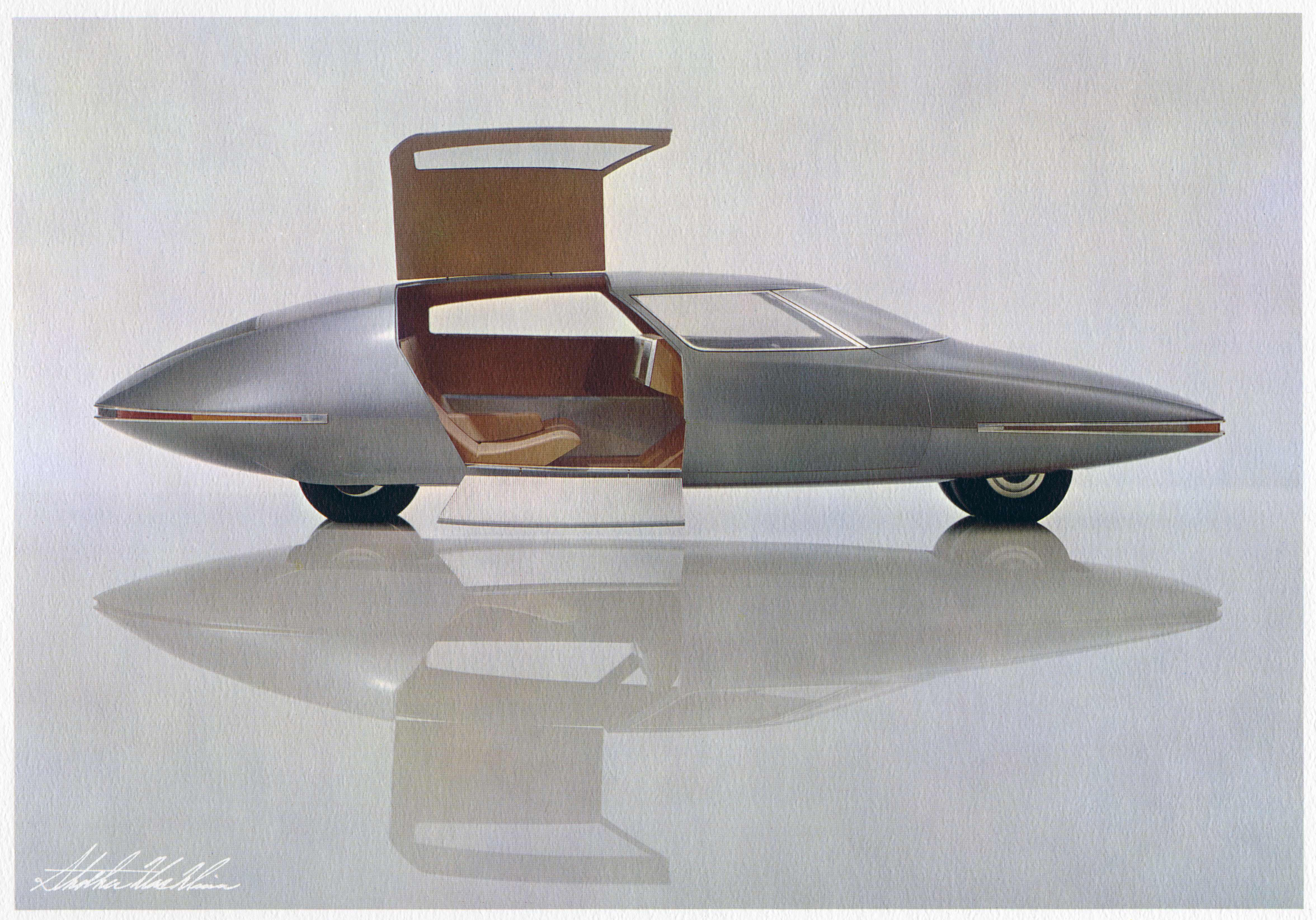 Design drawing for a futuristic, aerodynamic automobile.
