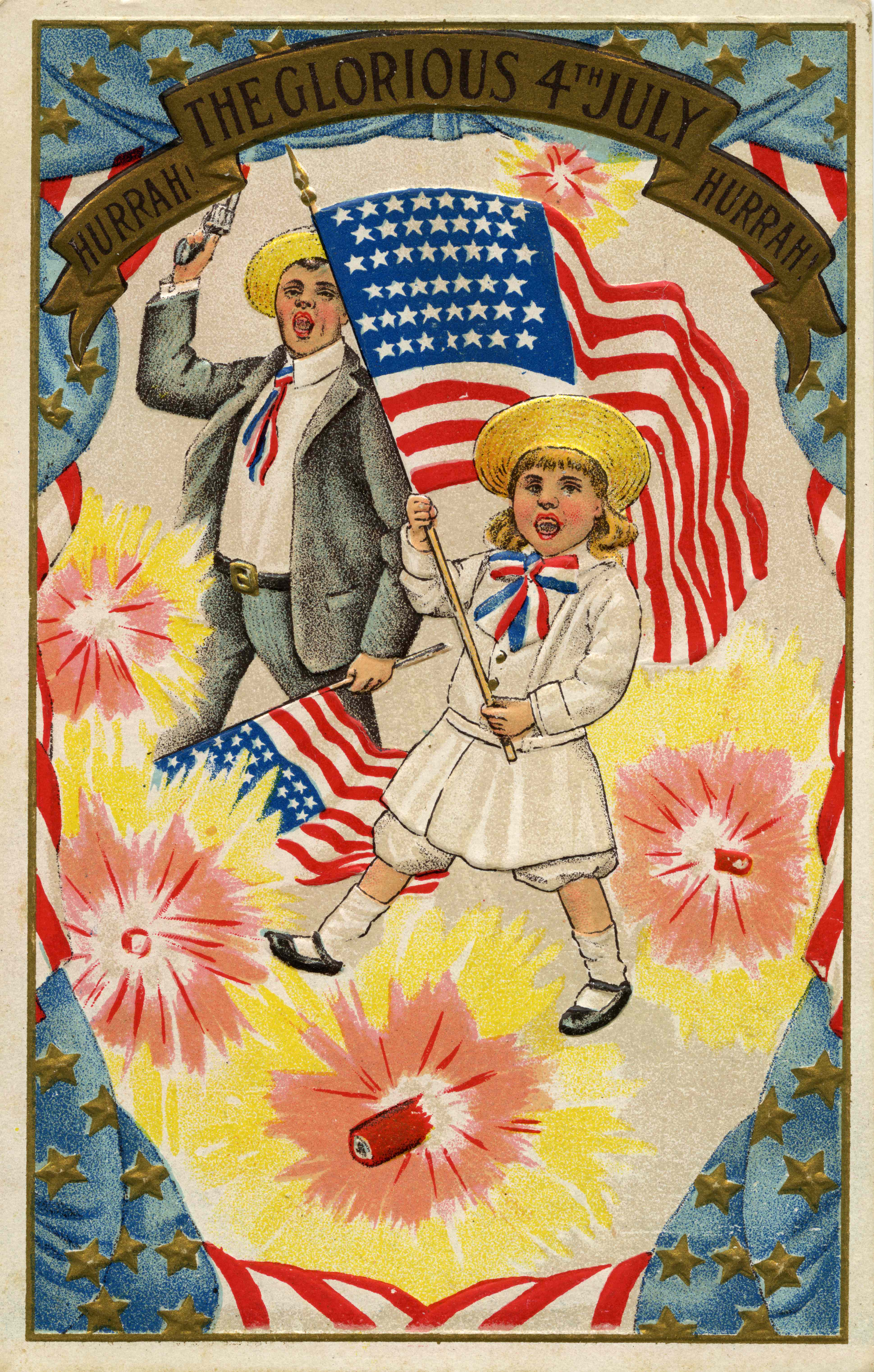 Postcard featuring two yelling children with flags and a gun and fireworks exploding behind them.