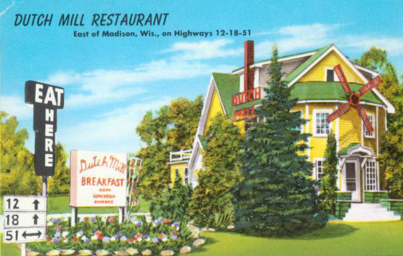 Illustrated postcard depicting the Dutch Mill Restaurant in Madison, Wisconsin