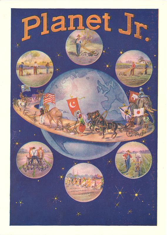 Trade card for farm and garden tools. Color ilustration shows a planet Earth with farmers and tools.
