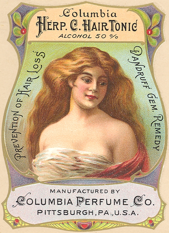 Label for Columbia hair tonic. Illustration shows a woman with long hair.
