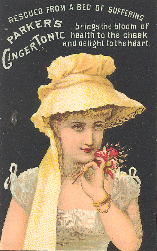 Advertisement for "Parker's Ginger Tonic" showing a woman in a  yellow bonnet holding a flower.