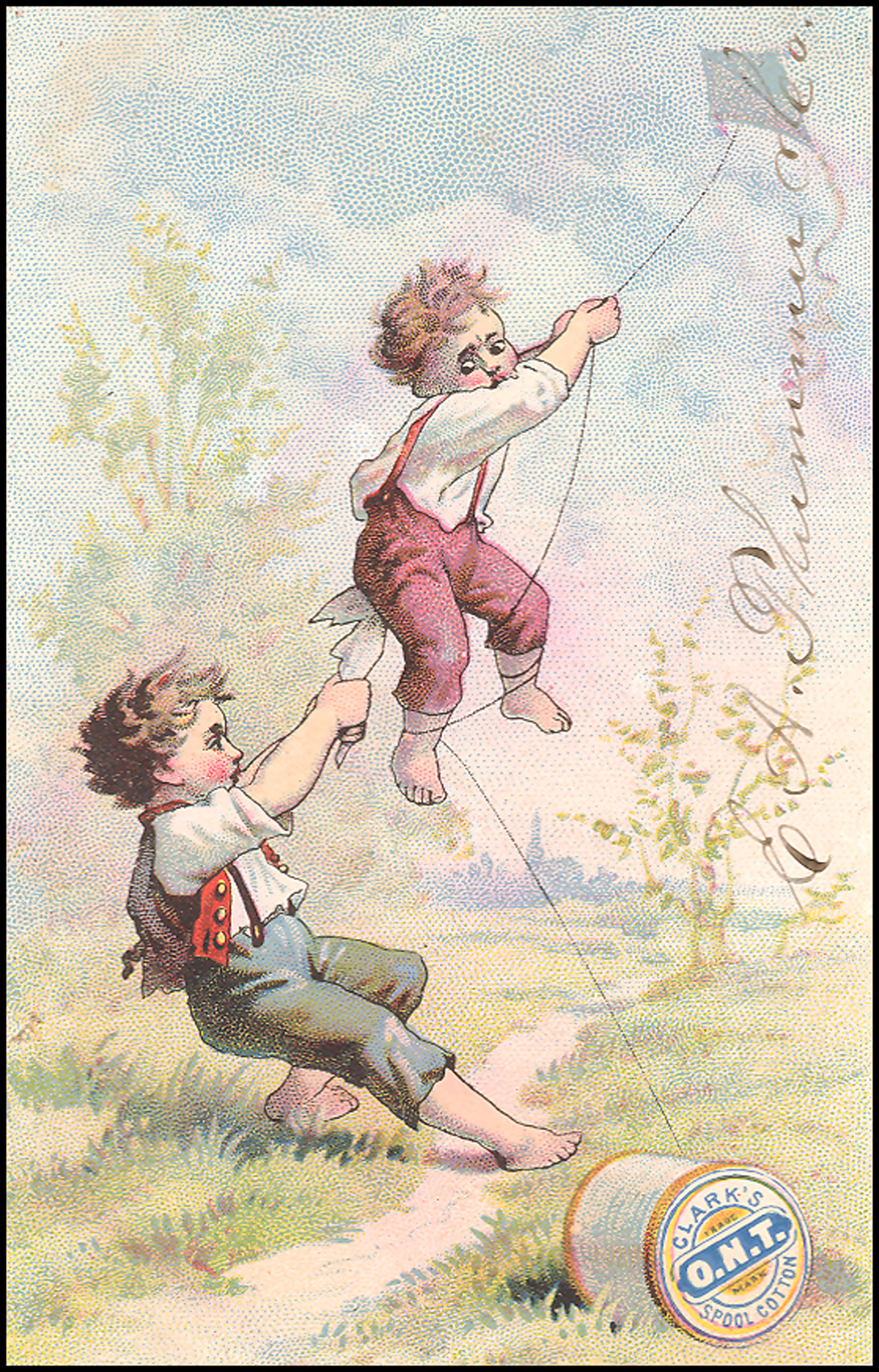 Advertising card with a color illustration of two children flying a kite from a spool of thread.