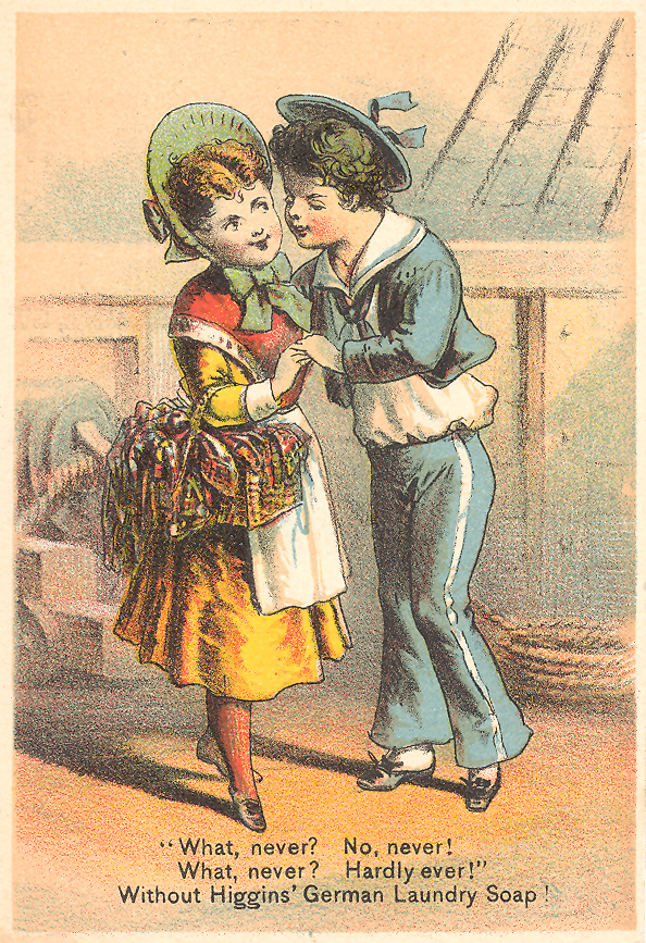 Advertising card for soap with an illustration based on a scene from Gilbert and Sullivan's H. M. S. Pinafore, shows children as a sailor (Ralph Rackstraw) with a young maiden (Josephine) on board ship.