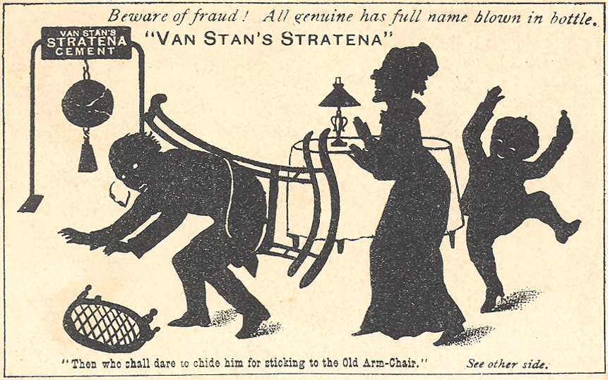 Illustration advertising glue shows a silhouette of a family, with the father stuck to a chair.