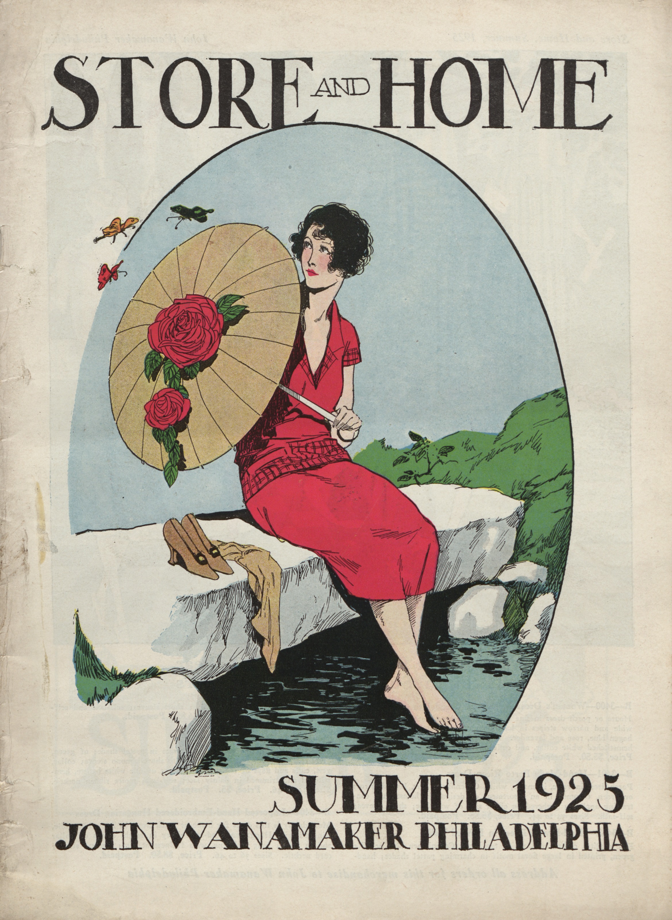 Wanamaker catalog cover for summer 1925 showing illustration of a woman with a parasol and red dress sitting barefoot on a small stone bridge