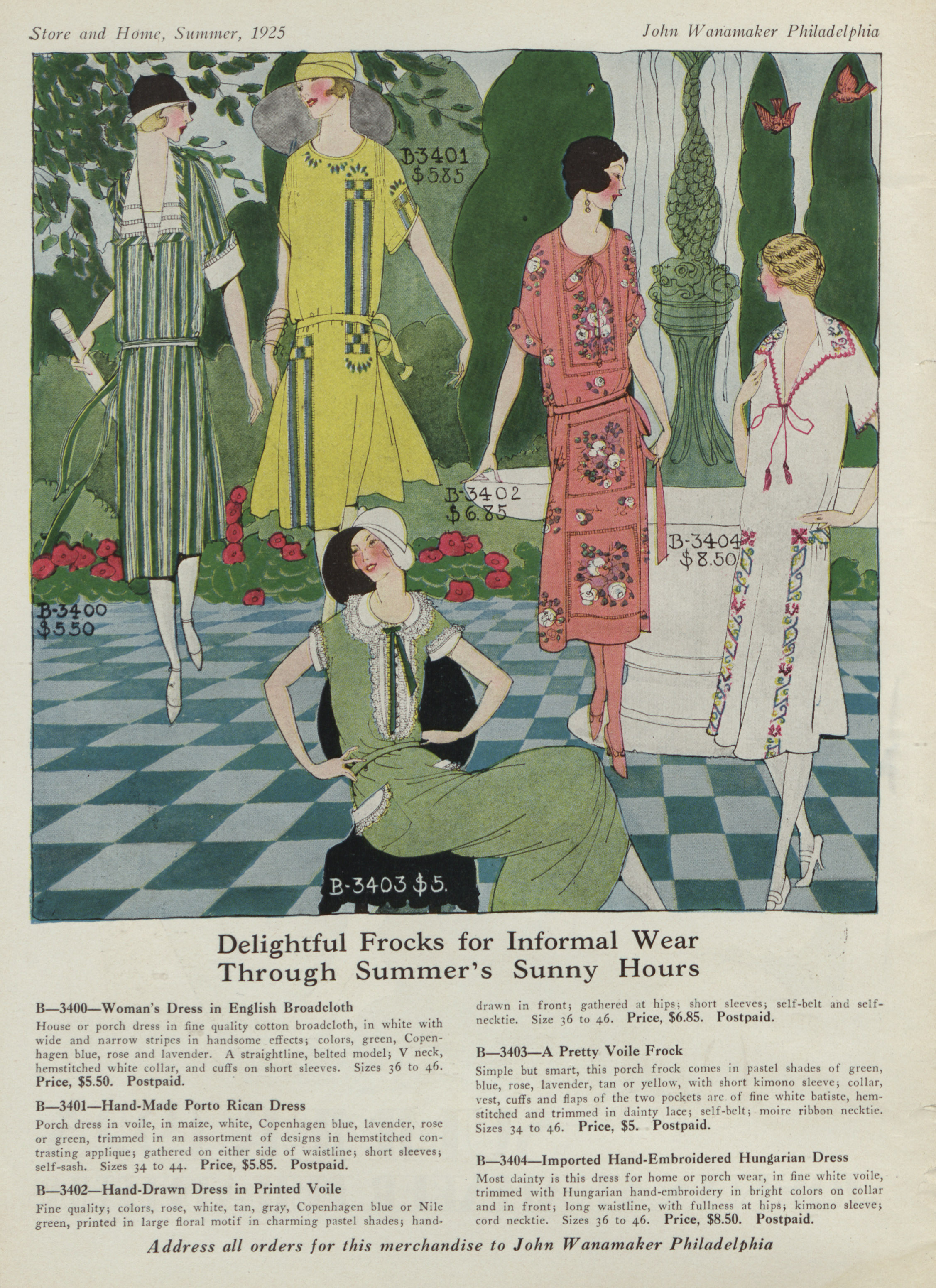 Page of a 1925 department store catalog featuring illustrations of women's summer dresses.