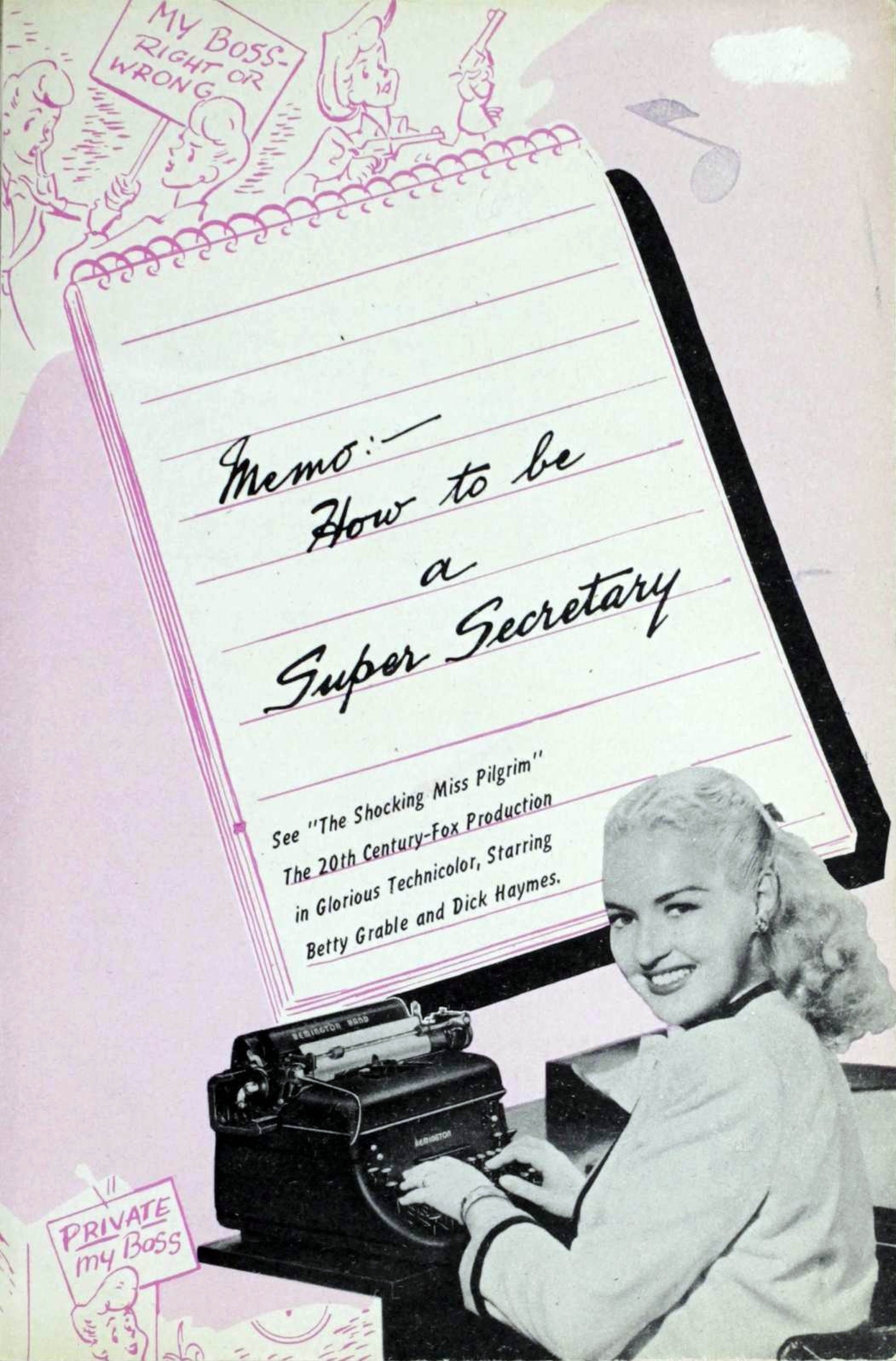 Cover for a pamphlet featuring a secretary at a desk, with title on an illustration of a memo pad.