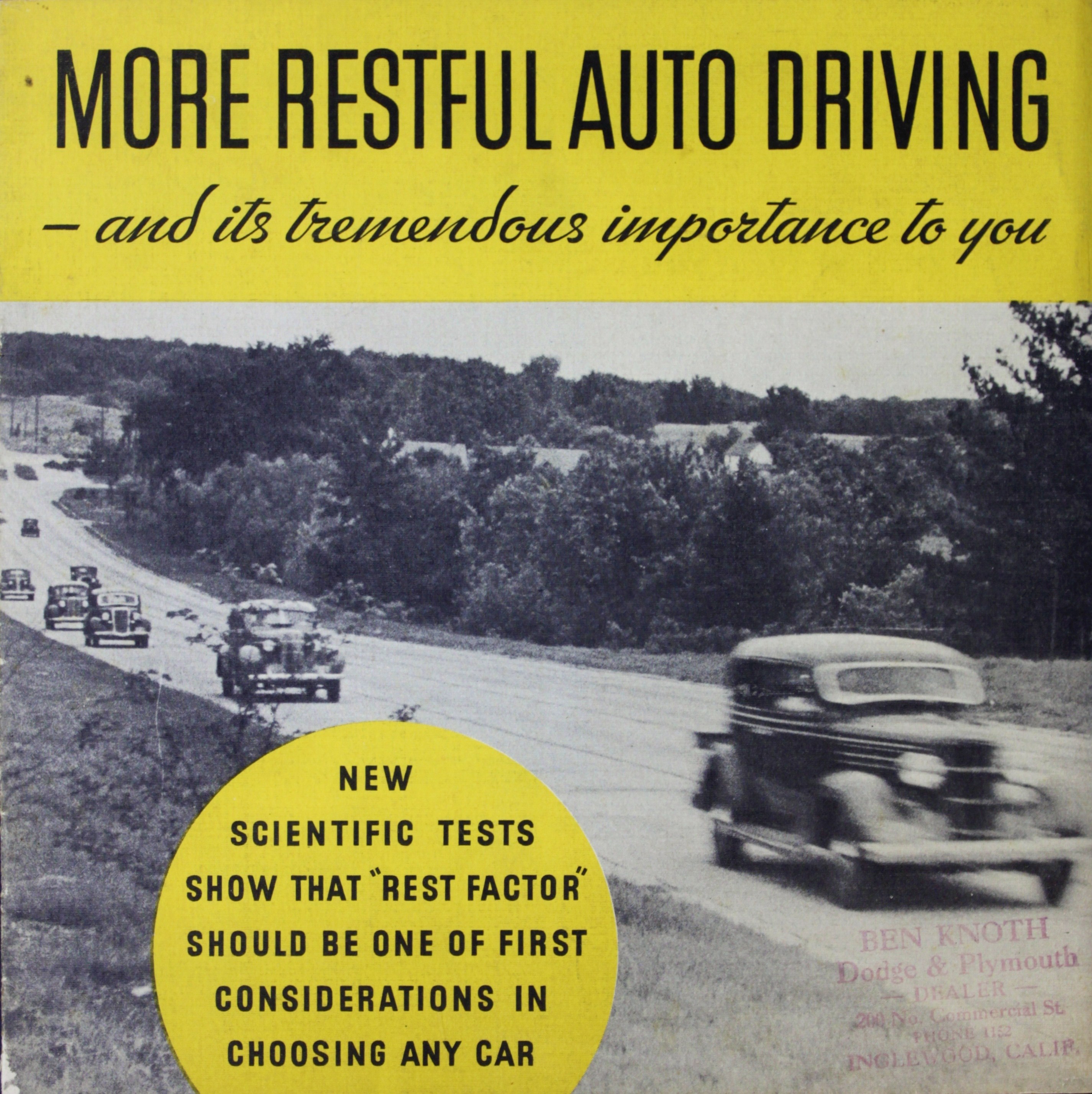 Cover of a the pamphlet 'More Restful Auto Driving'. Black and white photo of cars on a road.