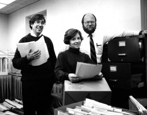 Michael Nash (left) processing the John McShain papers with Cheryl Miller and Jon Williams, 1990