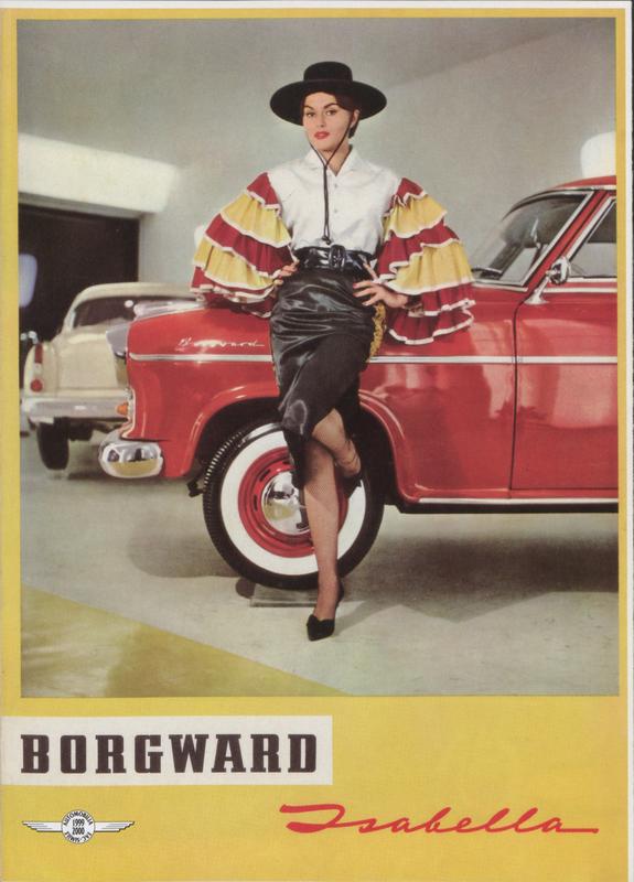 Cover of a catalog for the Borgward Isabella, featuring the car and a model in clothes based on traditional Spanish dress.