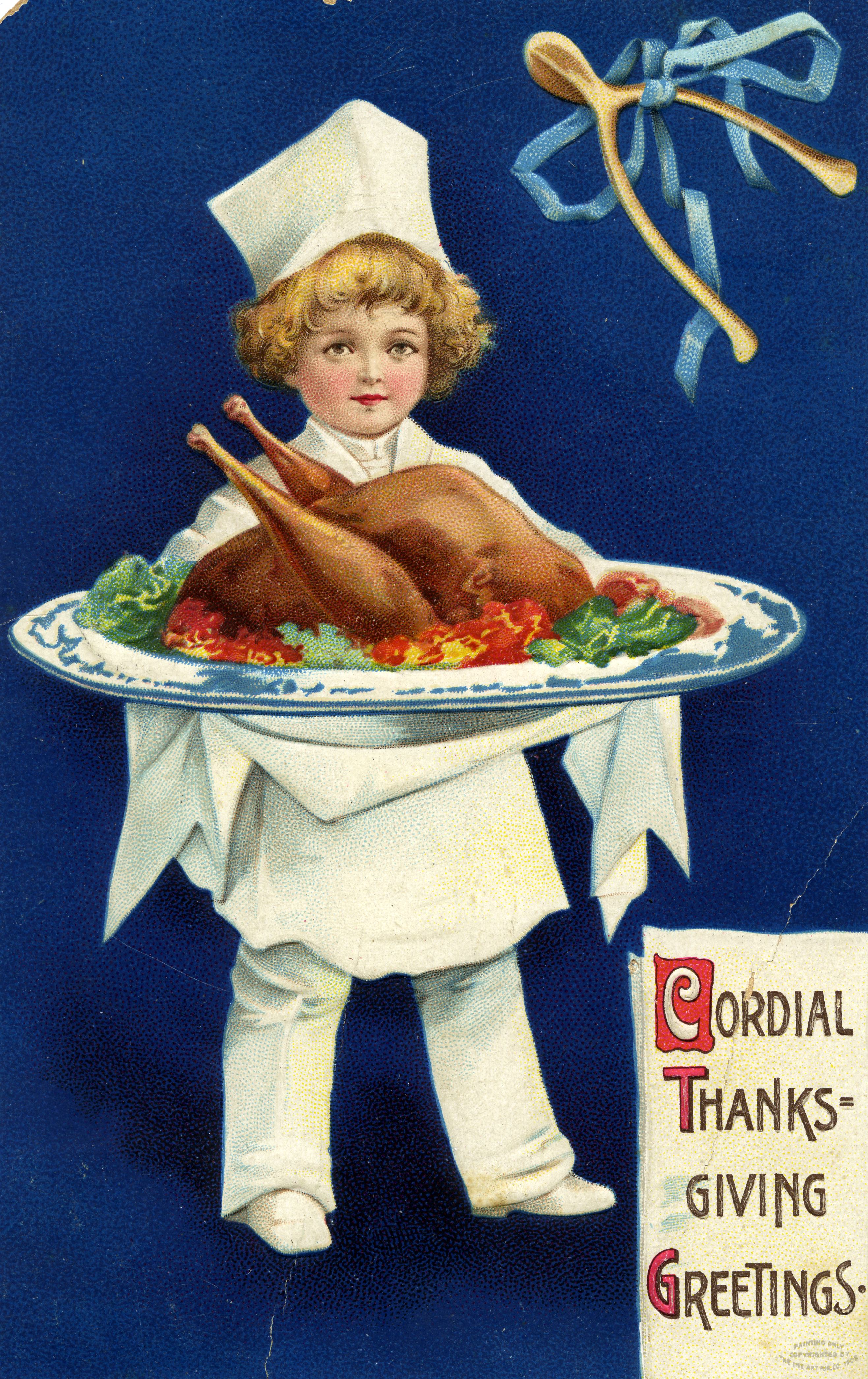 Postcard will illustration of a child dressed as a chef carrying a large platter of turkey.
