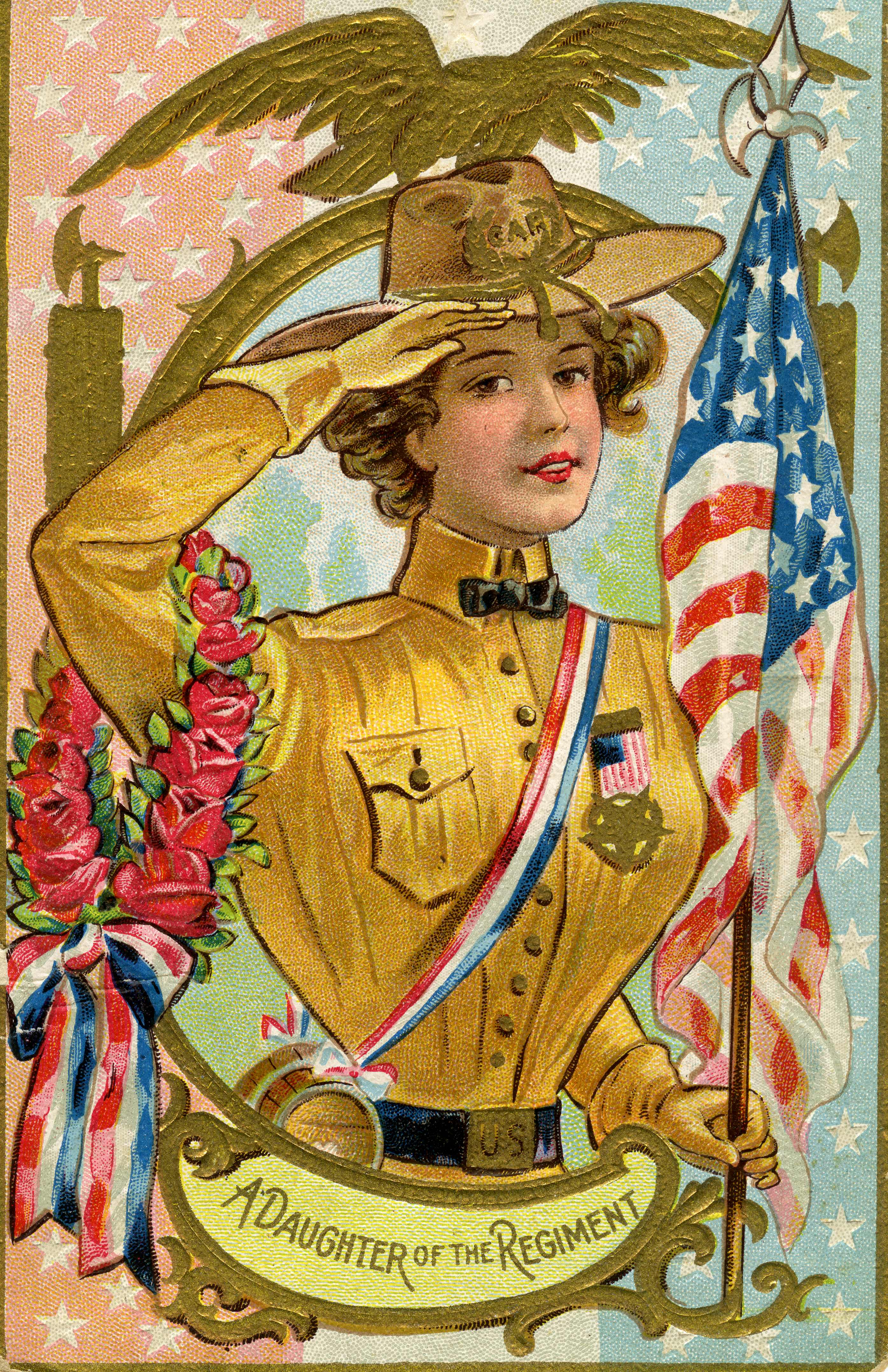 Postcard with a color illustration of a woman in Grand Army of the Republic dress. Text reads "A Daughter of the Regiment".