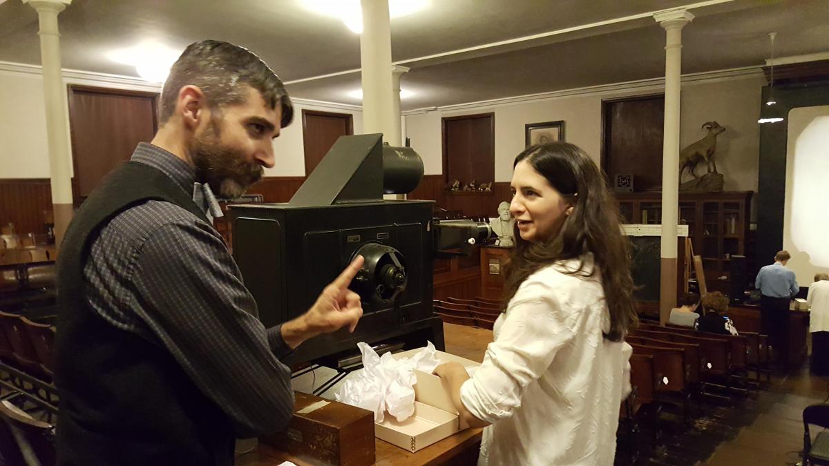 Hagley Historian Lucas Clawson and the author practice using the Lantern Slide projector at the Wagner Free Institute.