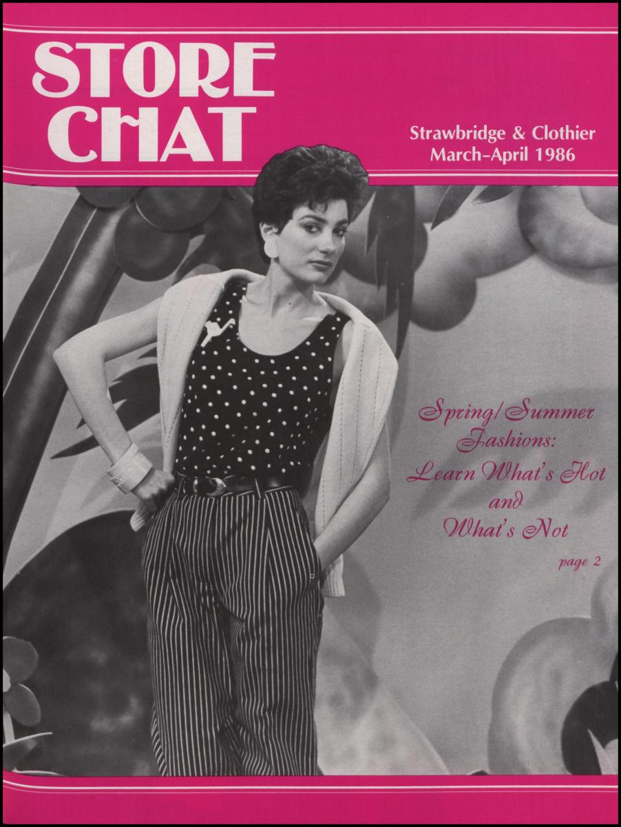 Cover of the magazine featuring a model wearing clashing patterned spring clothing, 1986.