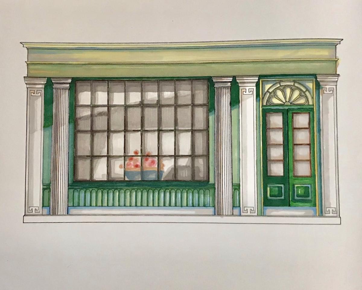Sketch of a shop front, painted green with Greco-Roman columns.