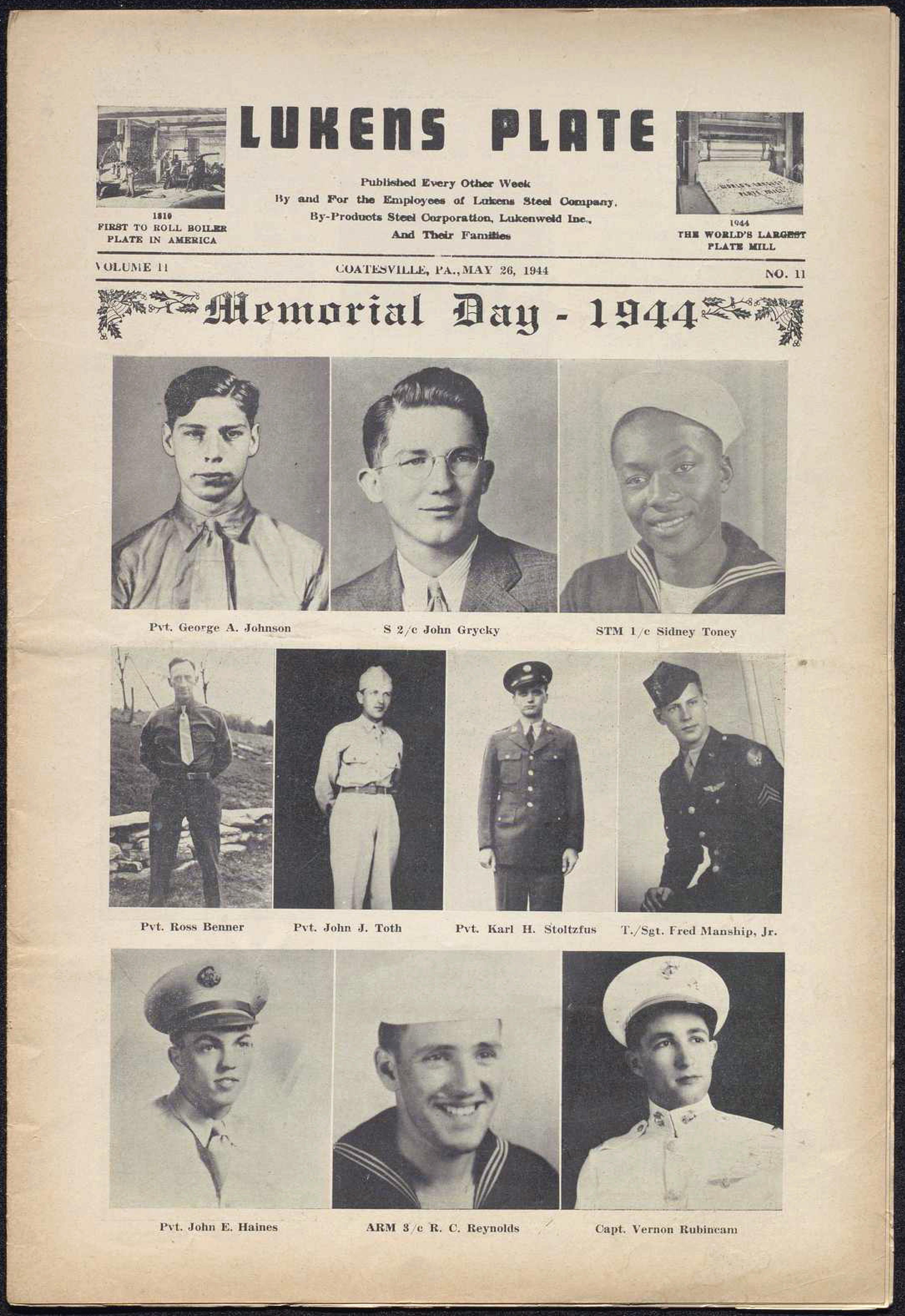 Cover of 'Lukens Plate' newsletter. Memorial Day issue with black and white photographs of employees in the military.