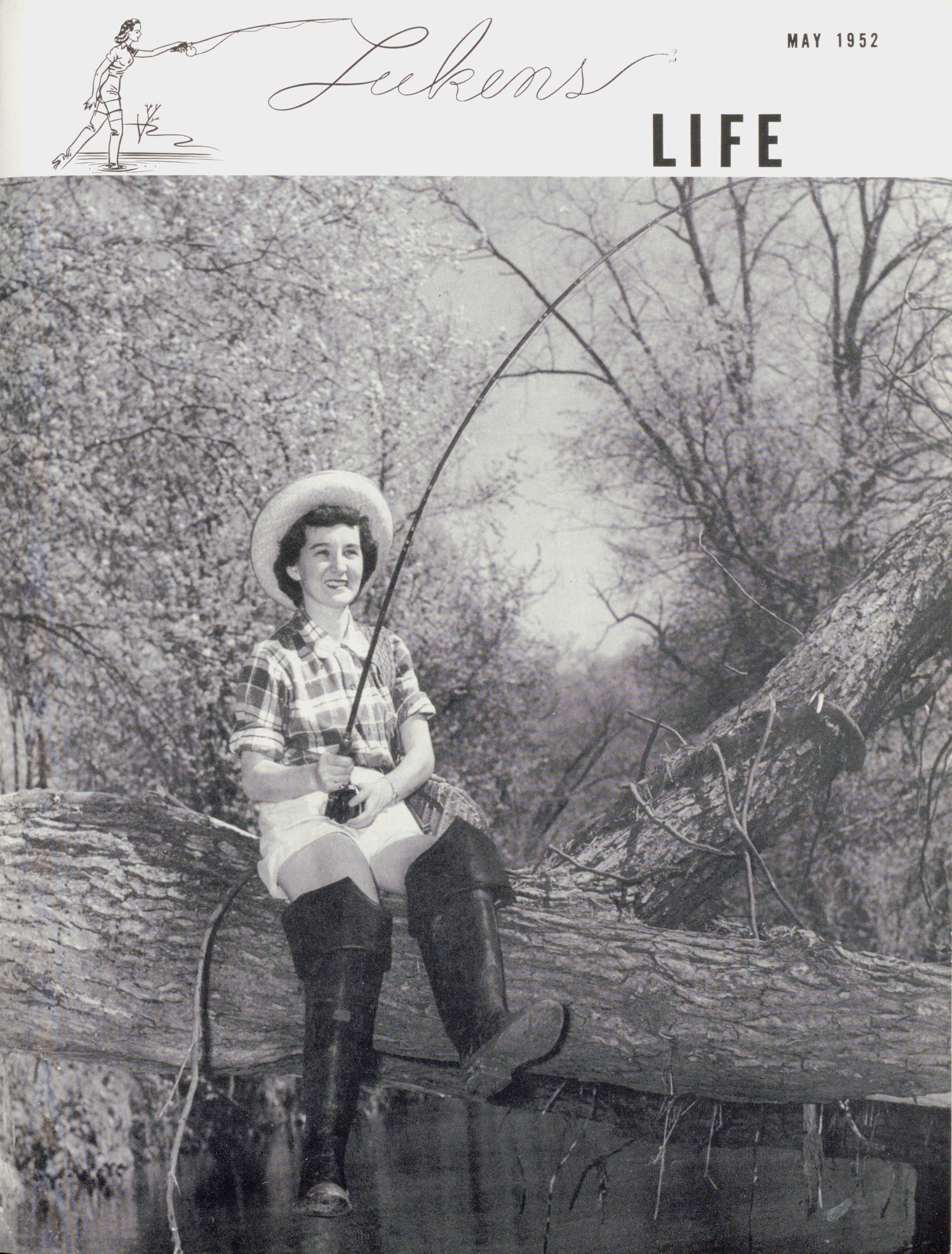 Cover of 'Lukens Life' newsletter, featuring a female employee fishing in a creek