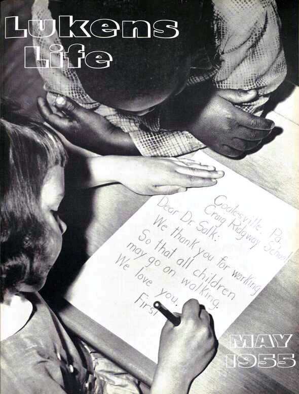 May 1955 cover of Lukens Life. Photograph of children writing a thank-you letter to Jonas Salk.