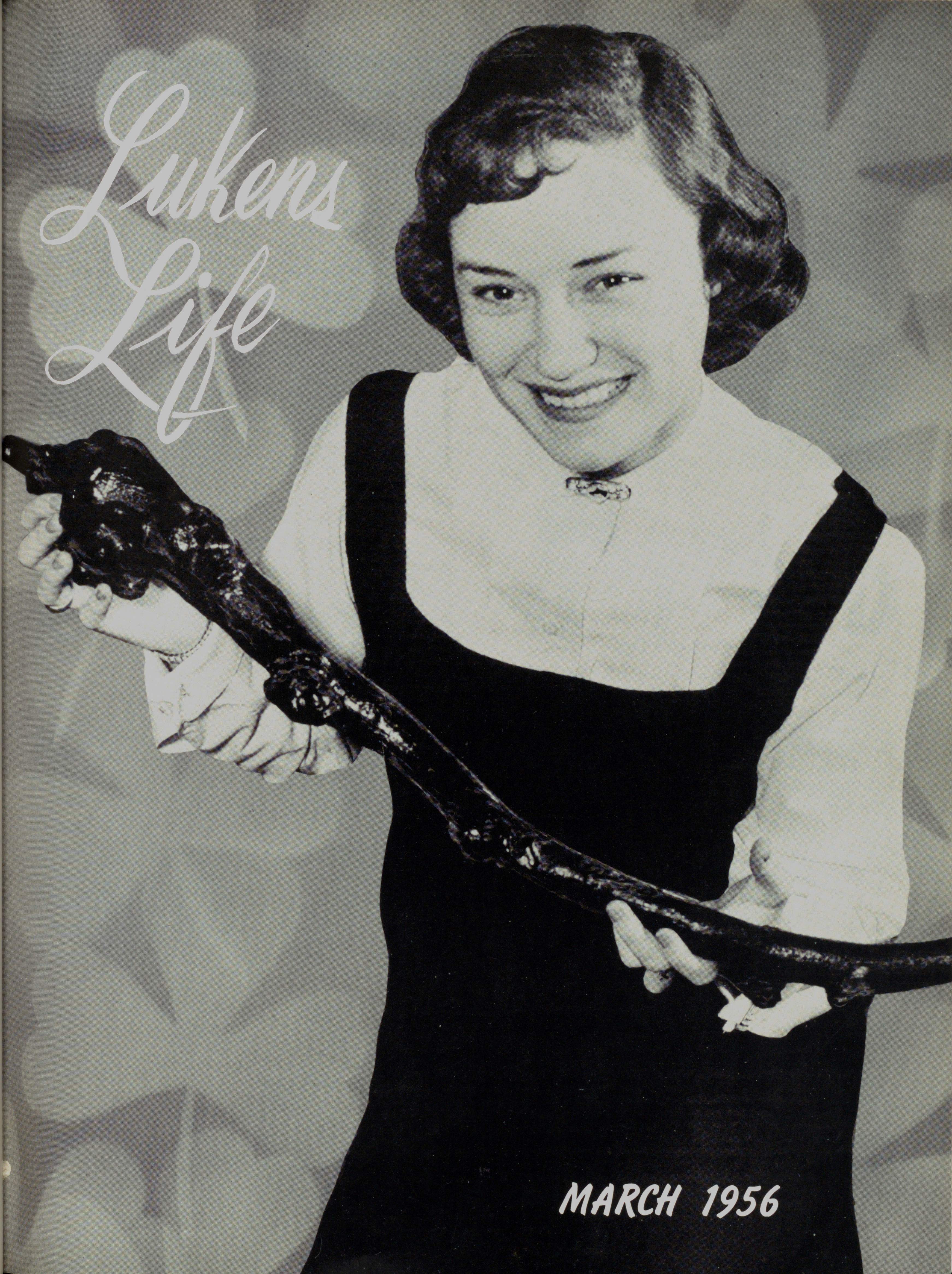 Cover of Lukens Life. Black and white clover pattern and photograph of a woman holding a shillelagh 