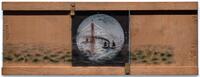 Slip panorama slide that shows horizontal movement of images by sliding a painted glass pane over a fixed background