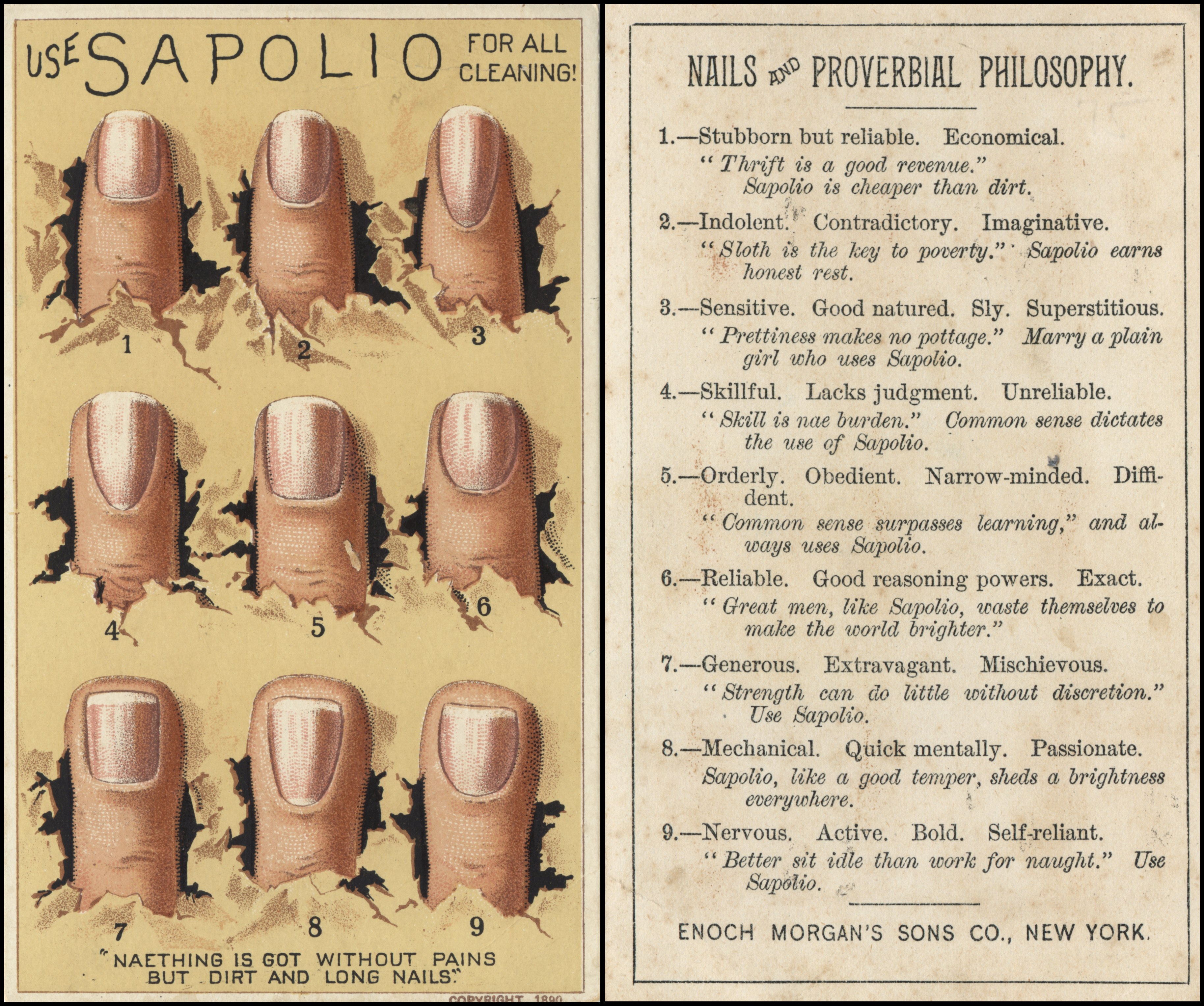 Trade card with illustrations of fingernails and text about the meaning of each nail shape.