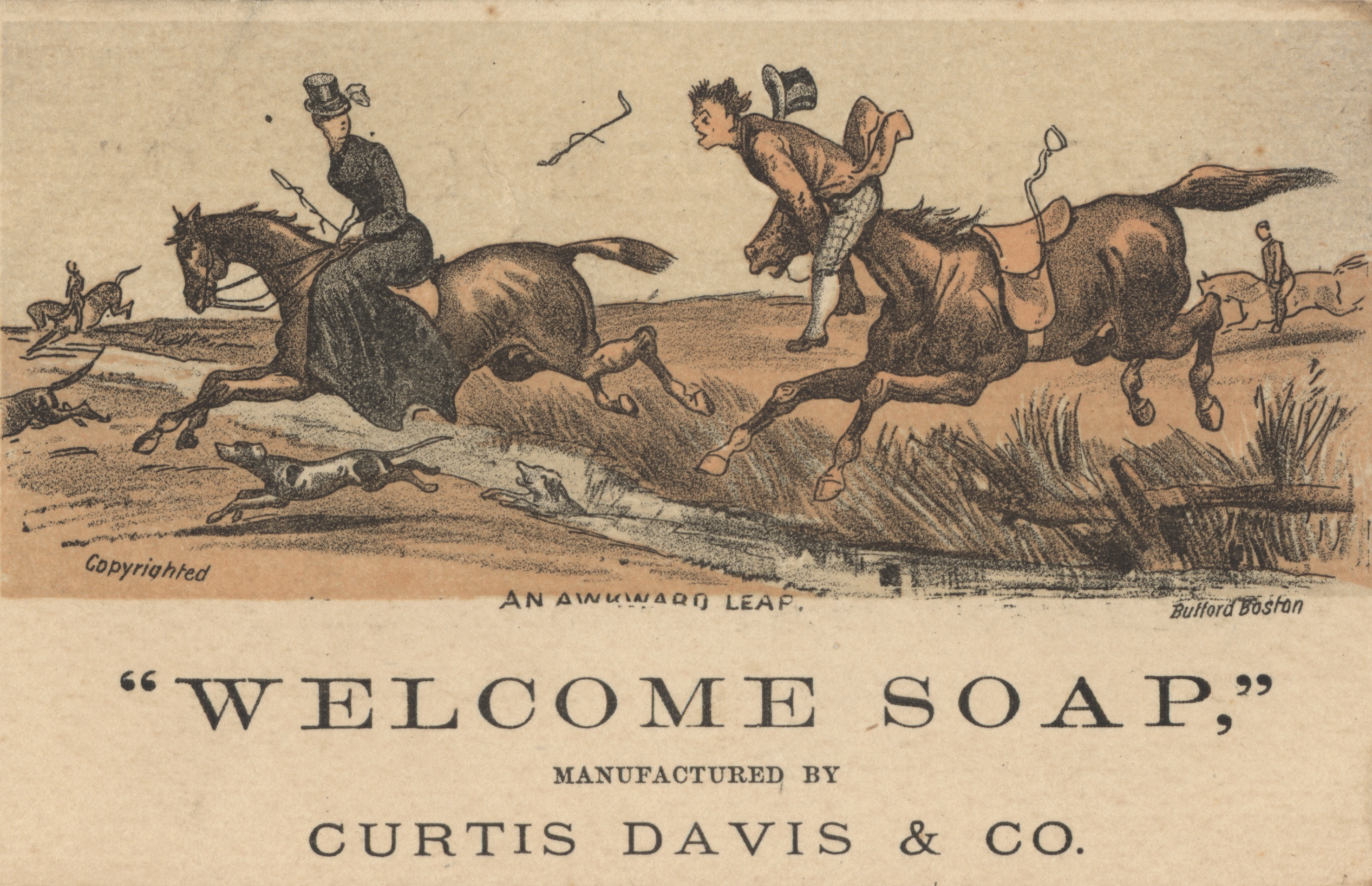 Advertisement for soap.  Illustration shows figures on horseback leaping over a small stream.