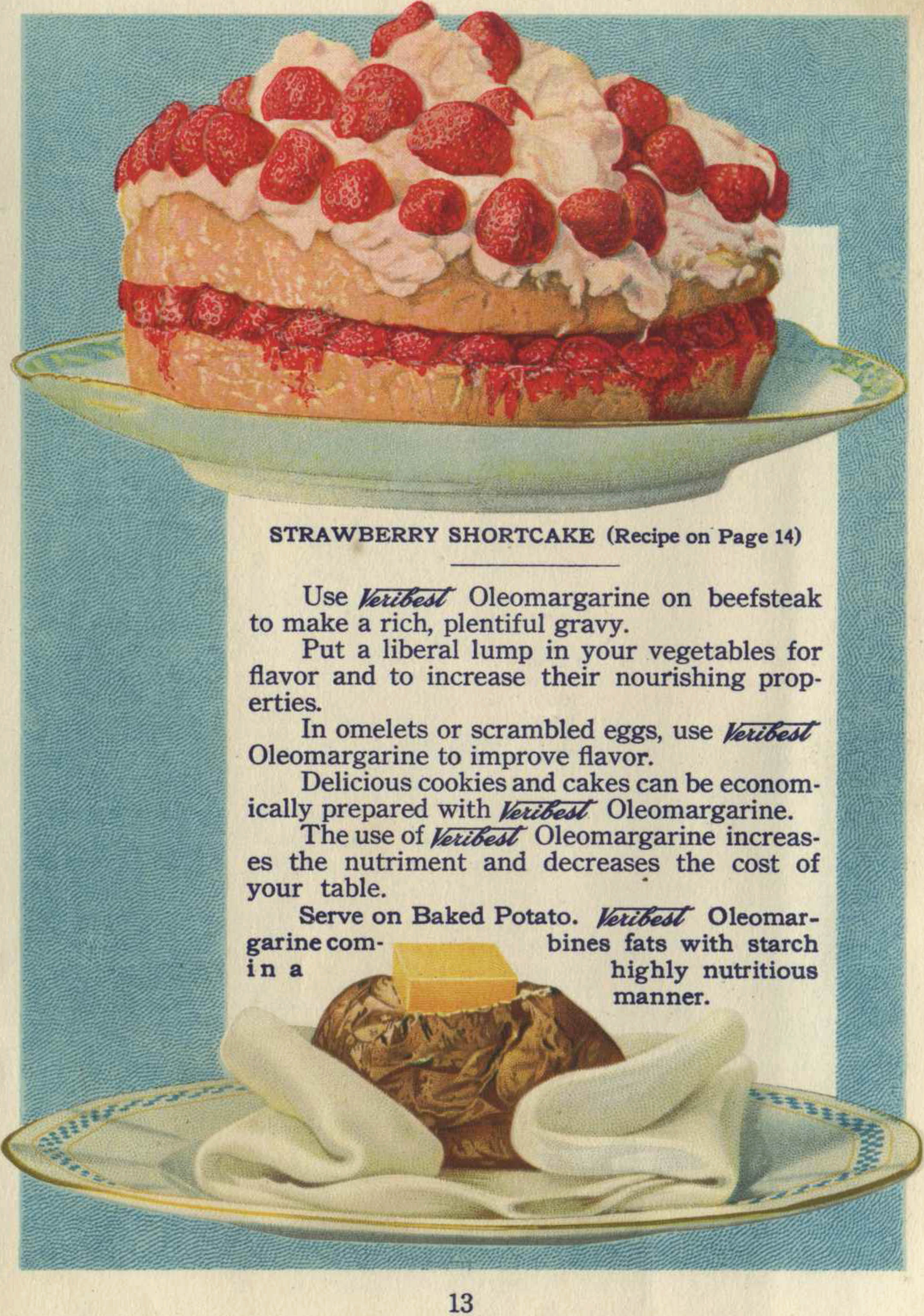 Color illustrations of strawberry shortcake and a baked potato in a pamphlet for cooking with margarine.